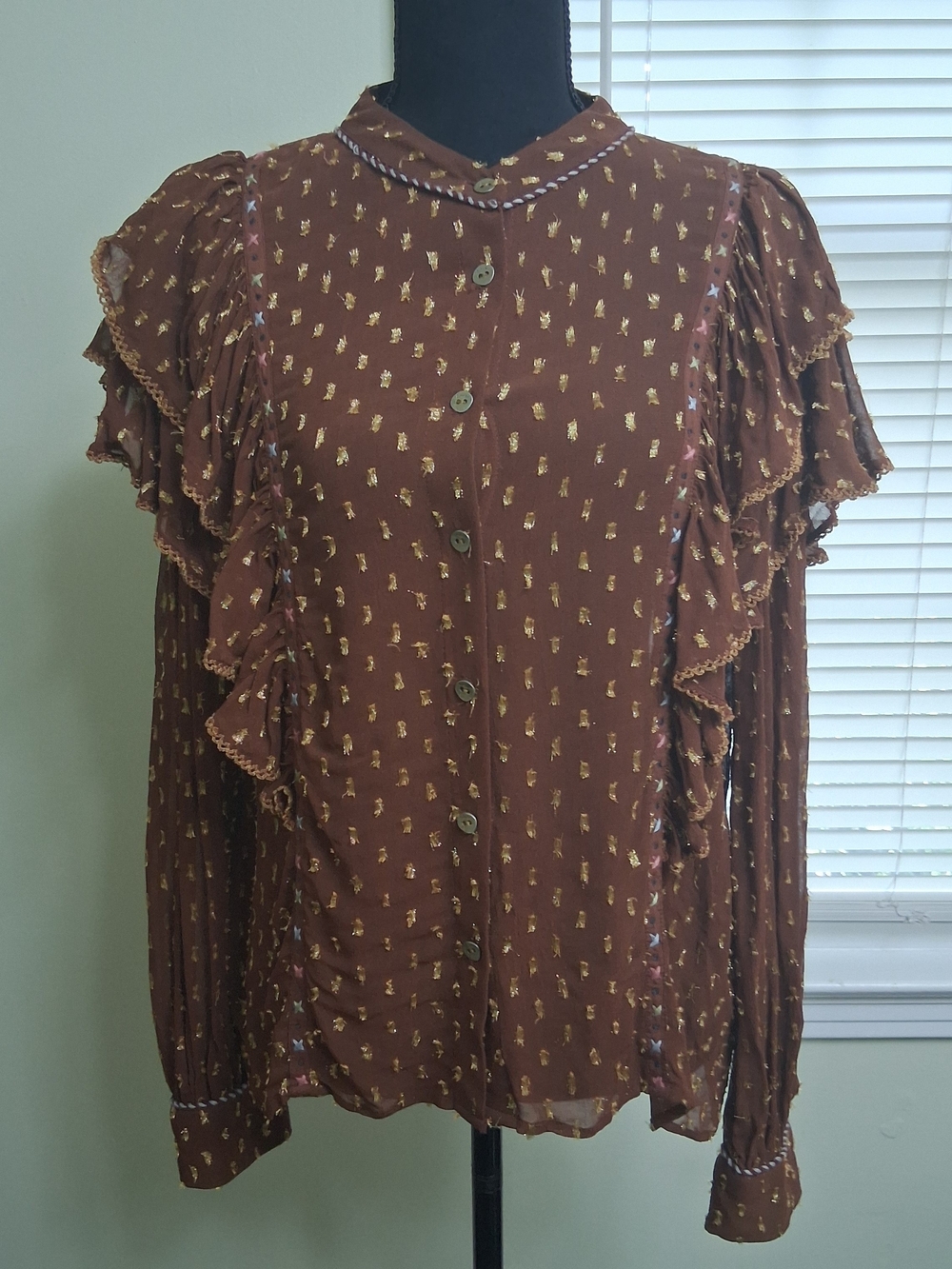 Bl^nk Anthropologie Sheer Brown Gold Ruffle Button-Front Women's Blouse Large